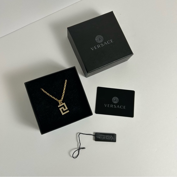 VERSACE Authentic Crystal Greca Pendant Necklace Gold-Tone Greek Motif